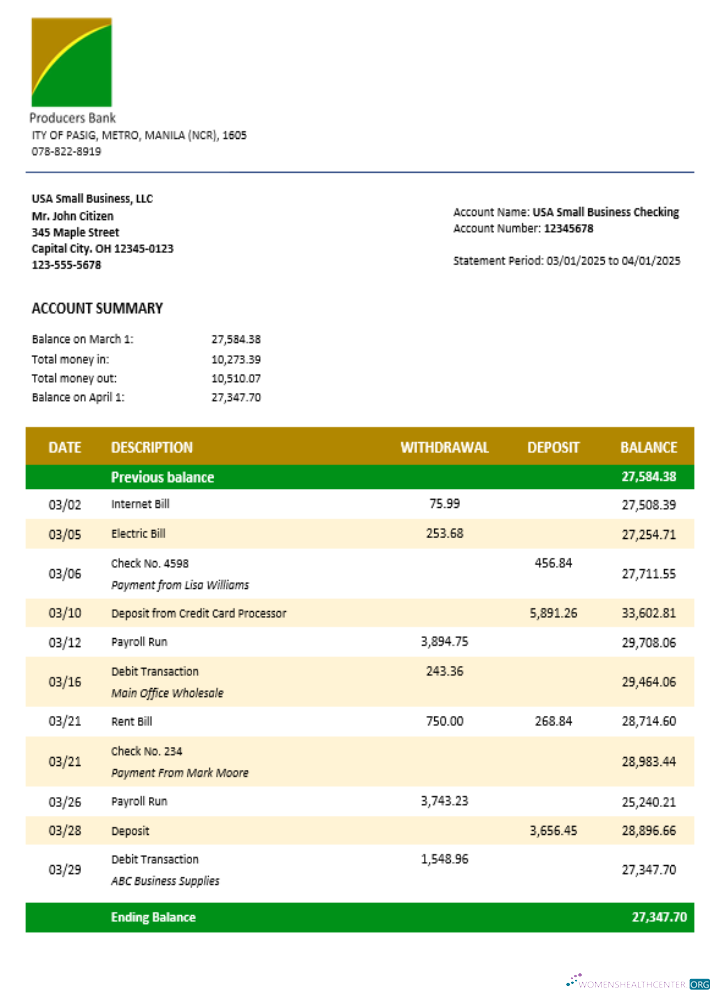 Download Producers Bank business bank statement Word and PDF format Photoshop template